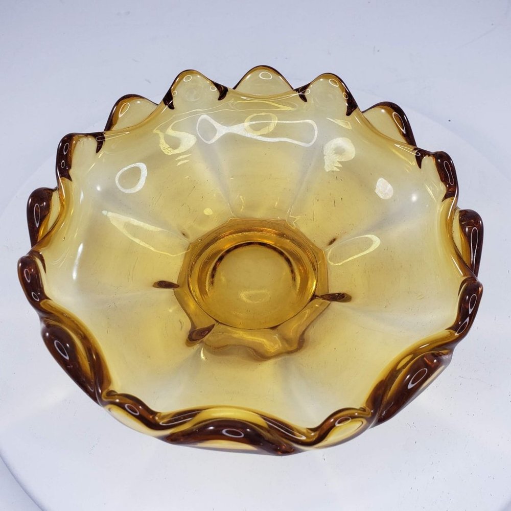 Amber Glass Bowl Candy Dish Flower Low Pedestal 16 Petal Point Vintage